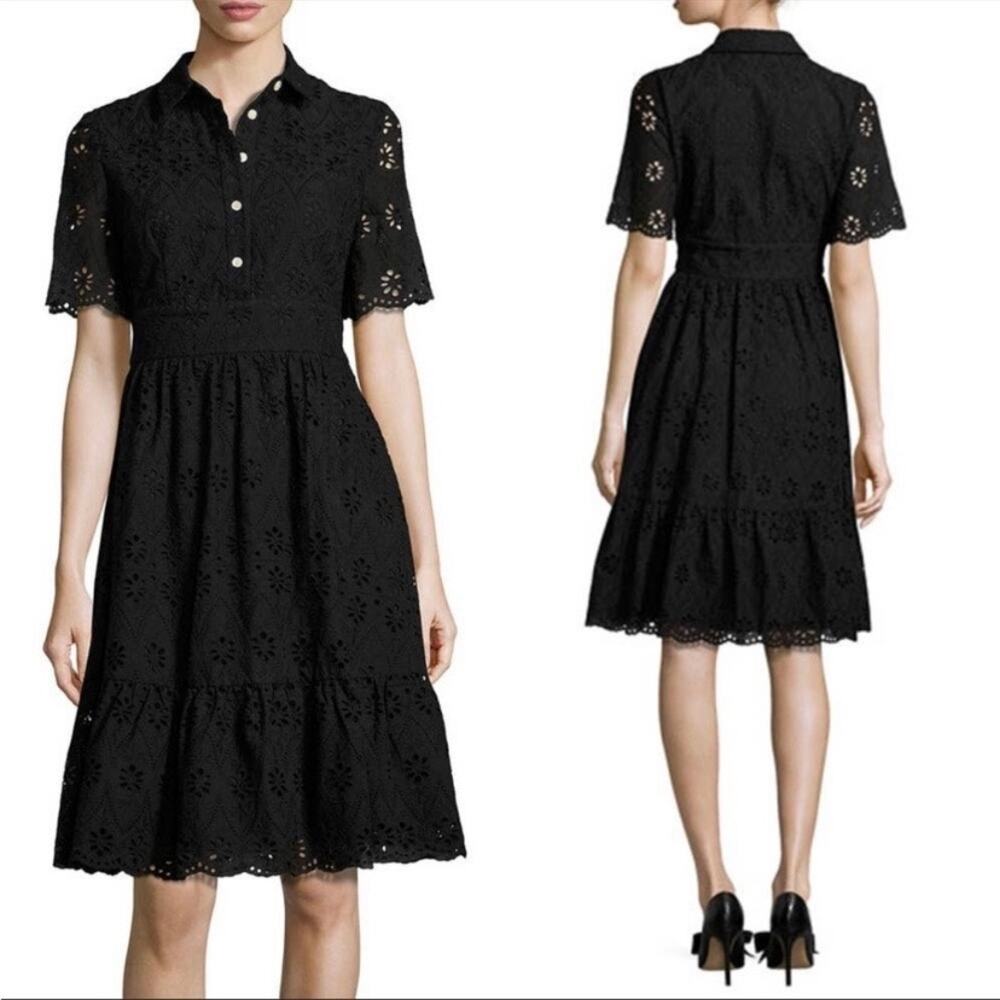 Kate Spade Black Eyelet Flounce Shirt Dress Sz.8 - Picture 2 of 16